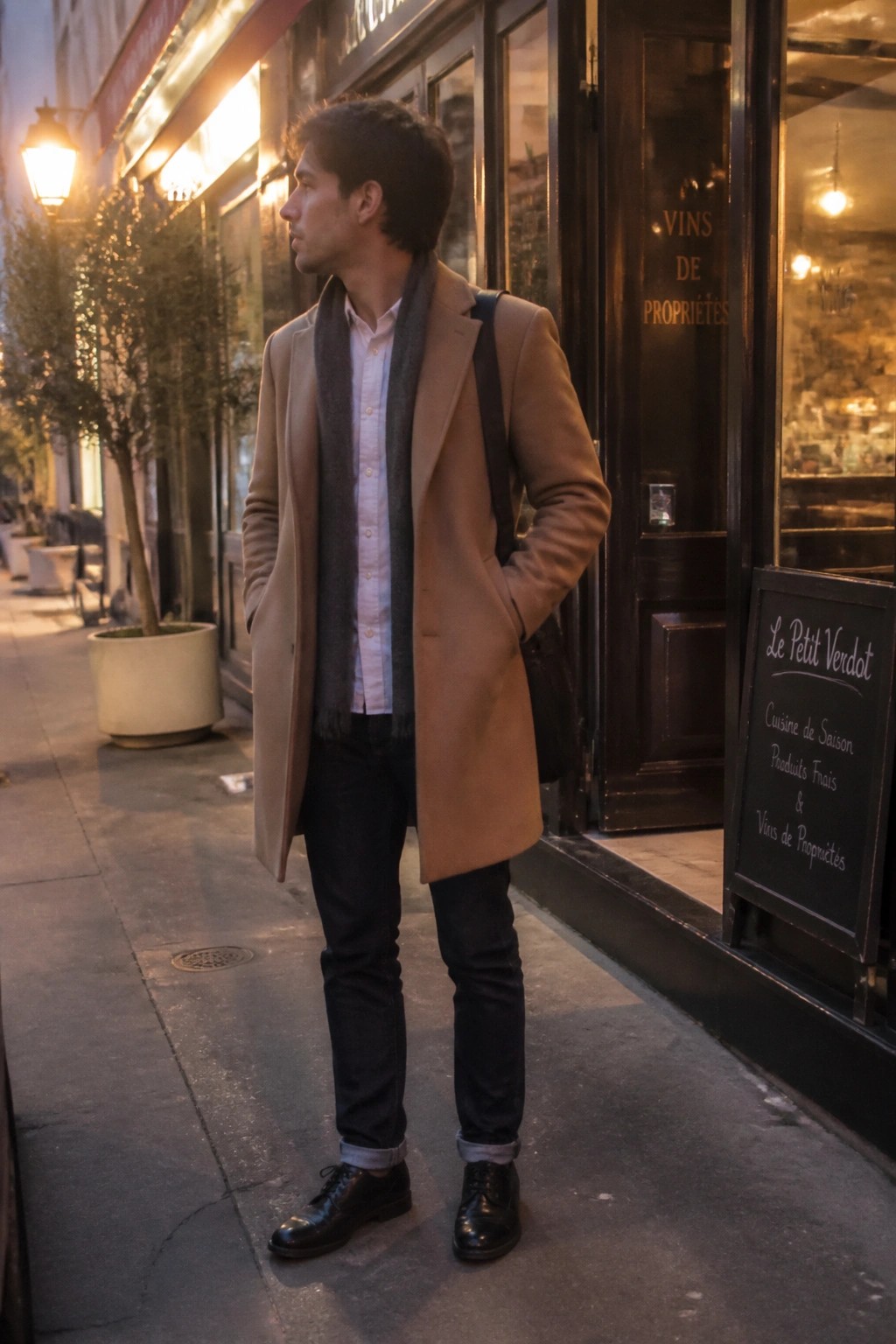 Man in tan coat and gray scarf stands outside Parisian wine shop at dusk.