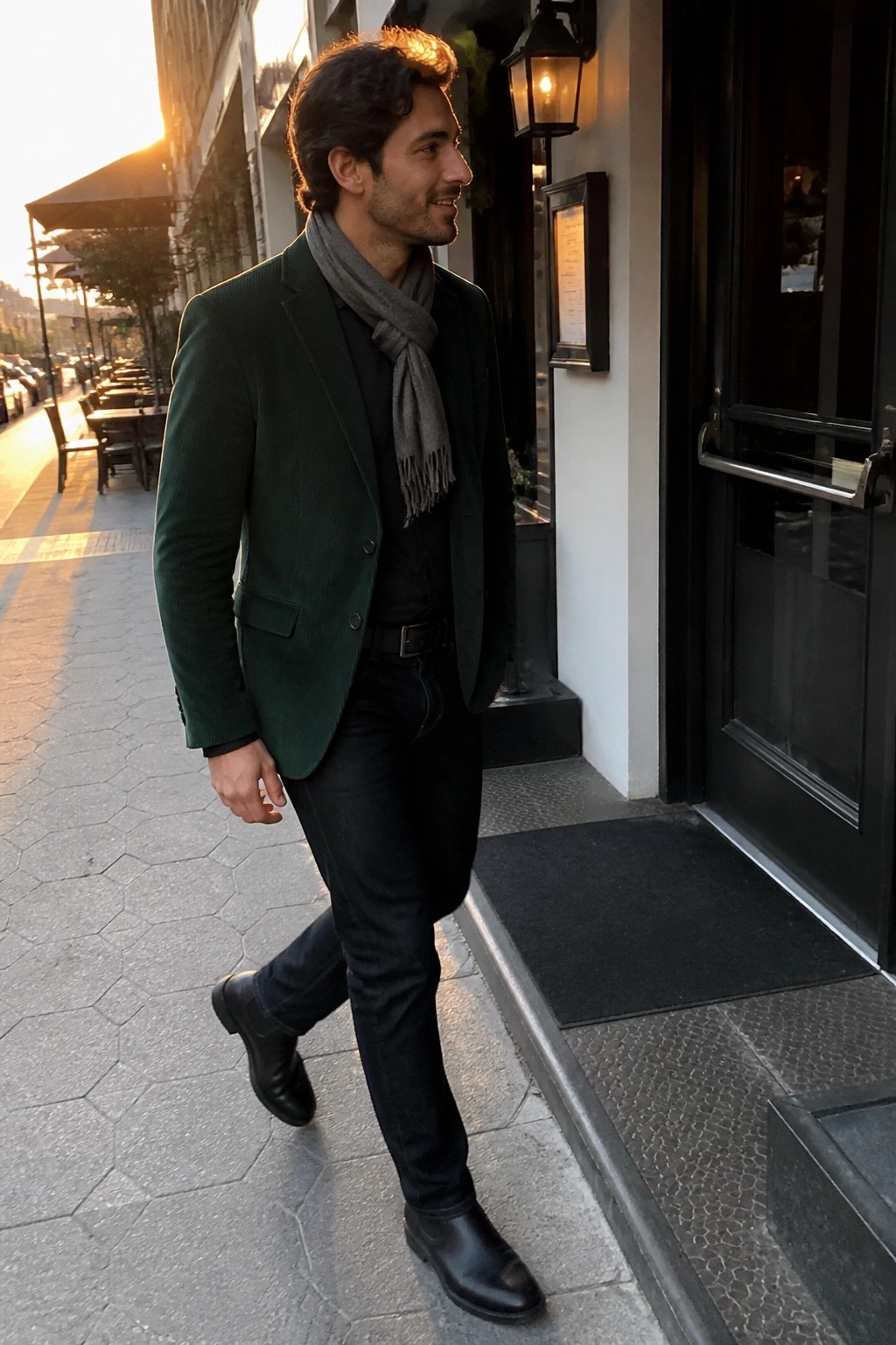 Man in green corduroy blazer and gray scarf walks by black door at sunset