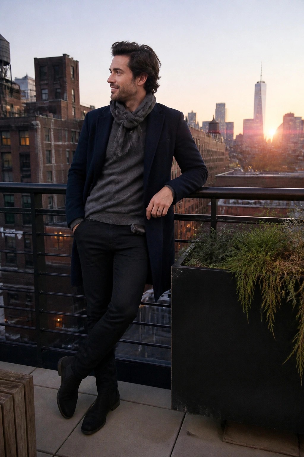Man in navy coat and gray scarf on NYC rooftop at sunset.