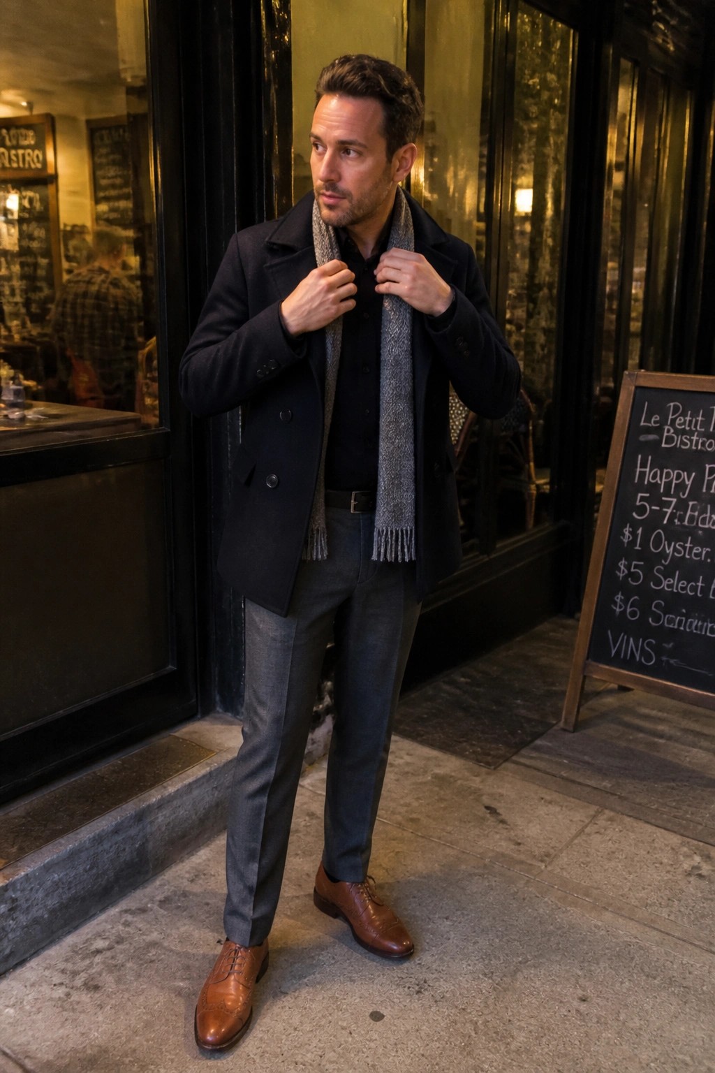Man in navy coat and gray scarf adjusts collar outside bistro at night