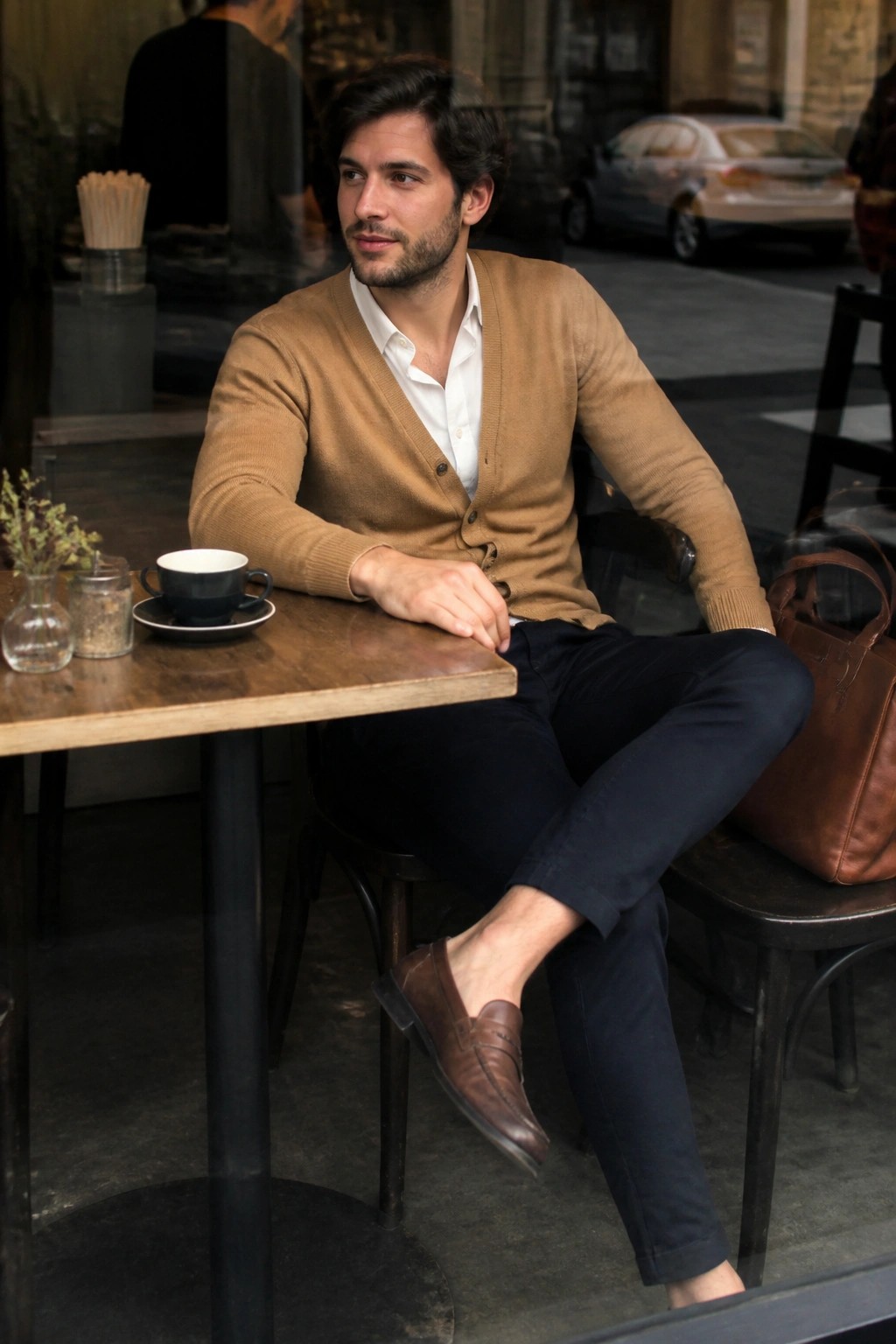 Man in tan cardigan seated at cafe table with coffee cup and leather bag
