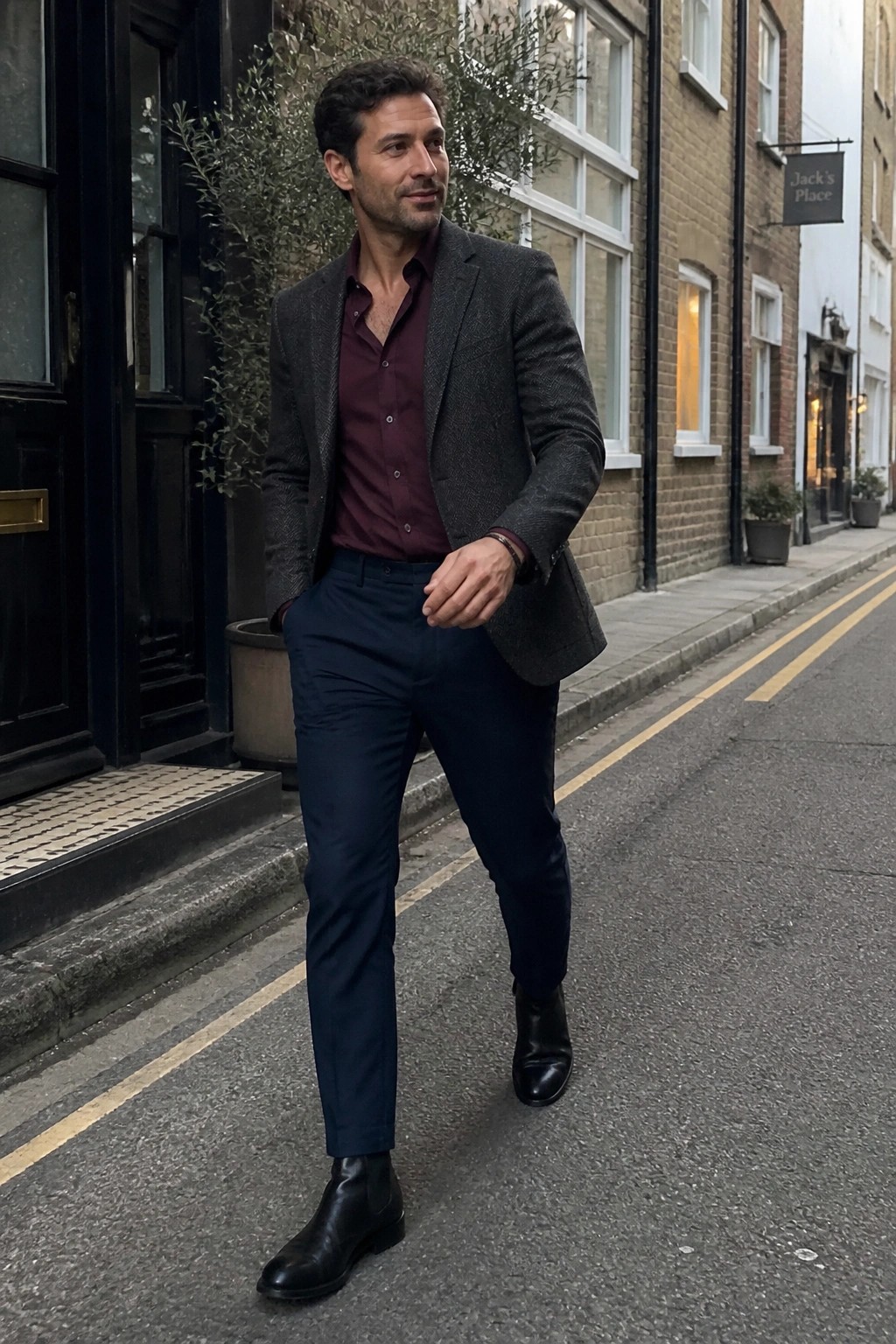 Man in gray tweed blazer, maroon shirt, and navy trousers on city street