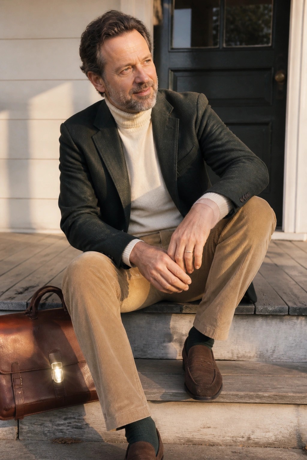 Man in green blazer and corduroy pants sits on porch steps with leather briefcase.