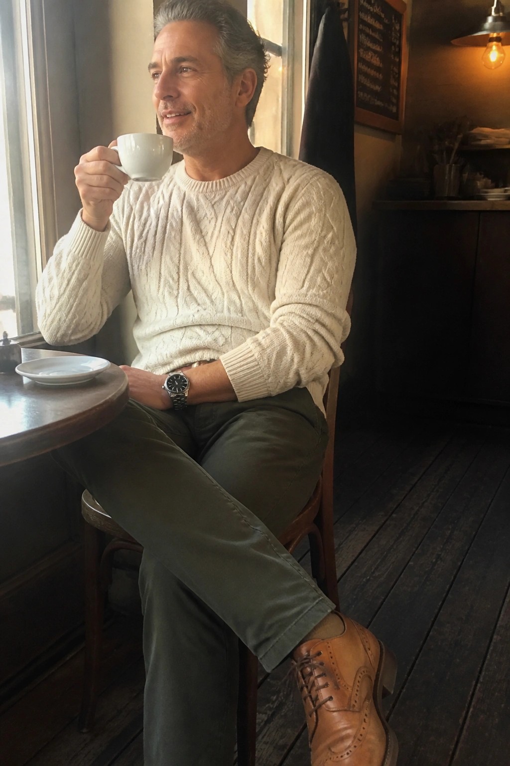 Man in cream cable-knit sweater sips coffee at wooden cafe table, legs crossed.