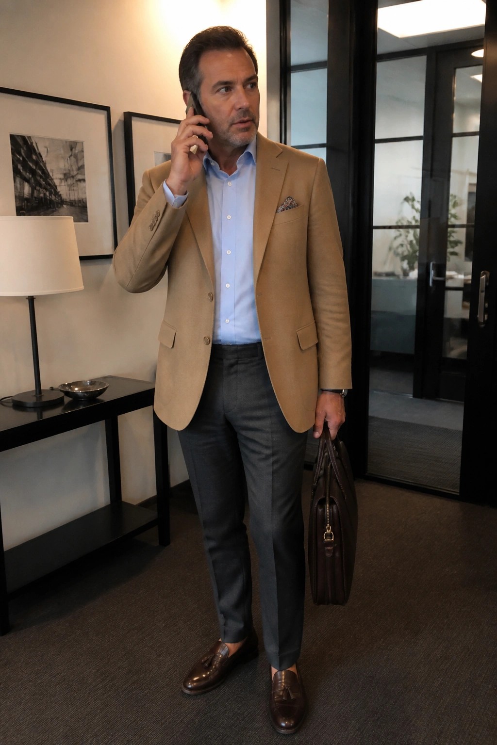 Man in tan blazer and blue shirt on phone holding brown briefcase.
