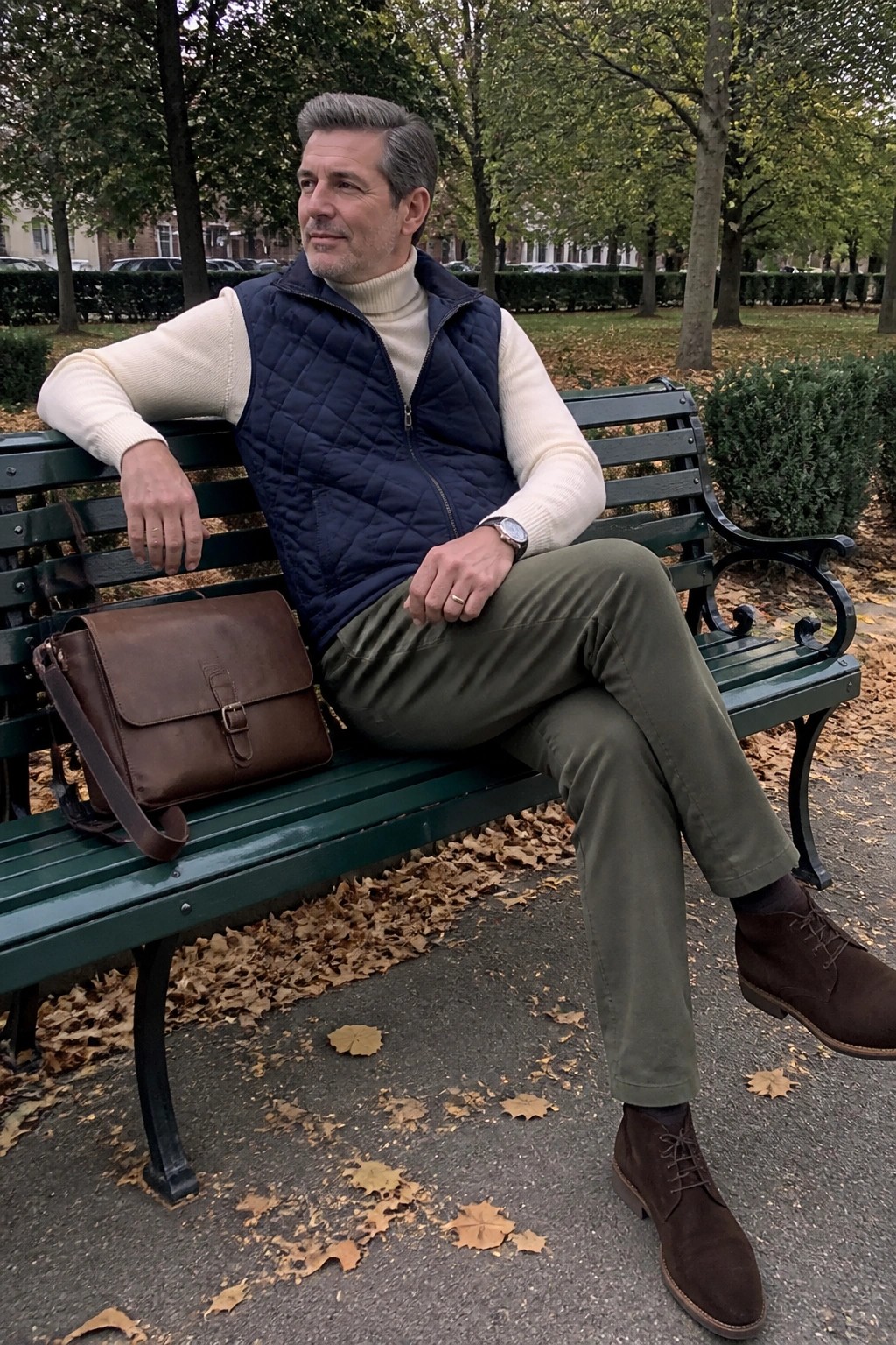 Man in navy quilted vest and cream sweater on green park bench with leather bag