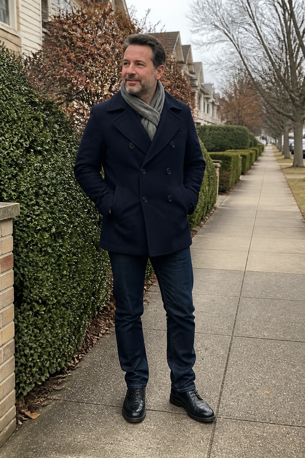 Man in navy peacoat and gray scarf standing on suburban sidewalk with hands in pockets
