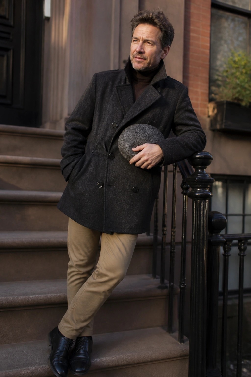 Man in gray peacoat holding flat cap on stone steps