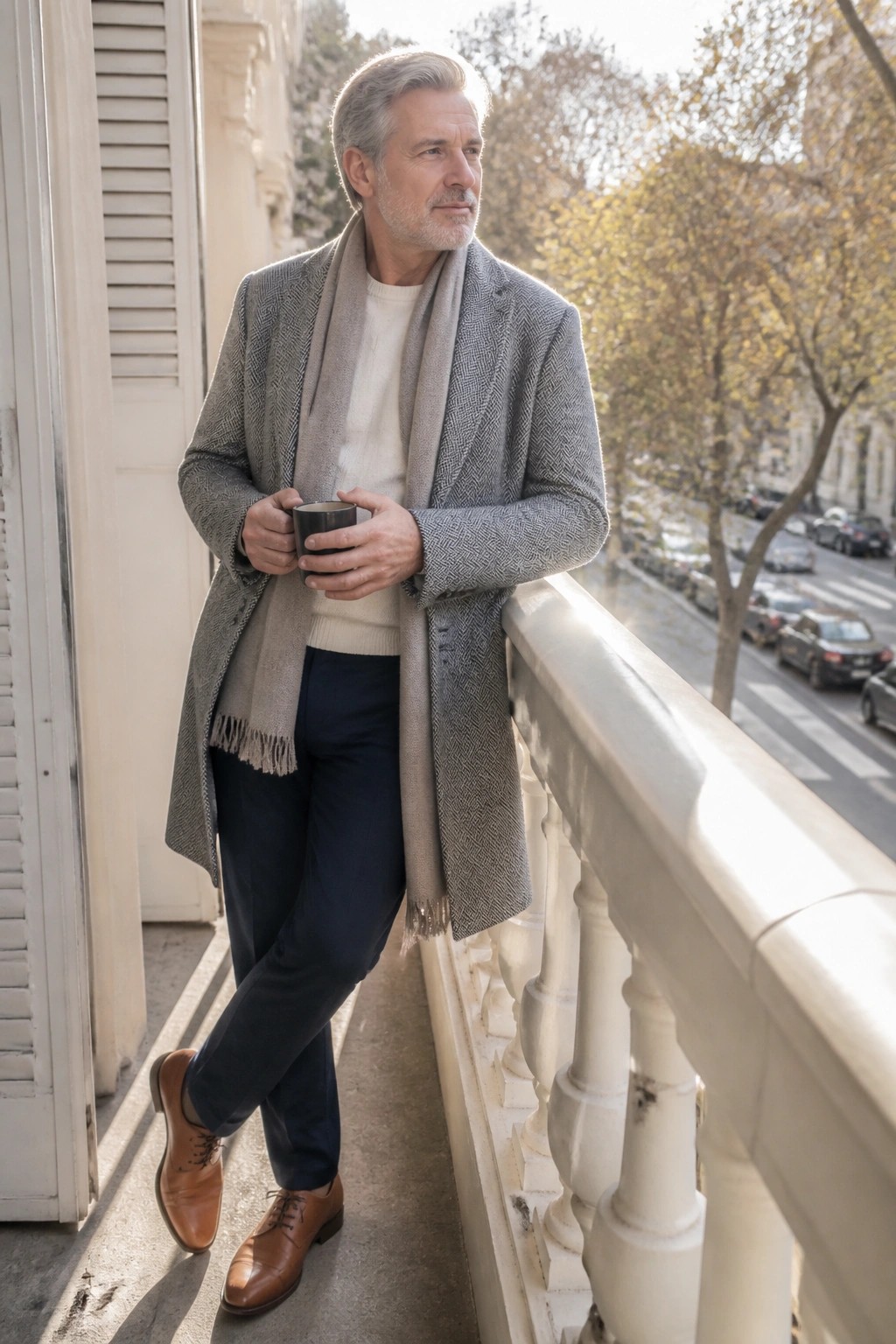 Gray-haired man in herringbone coat and scarf holding mug on sunny city balcony