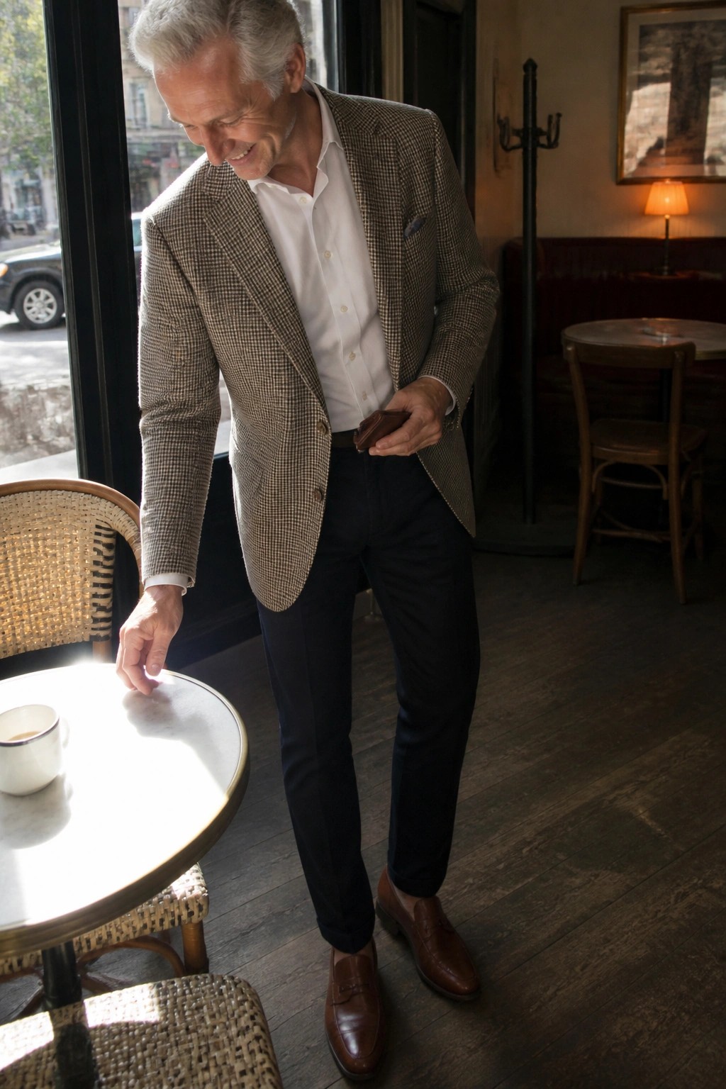 Gray-haired man in houndstooth blazer smiles while holding wallet in cafe