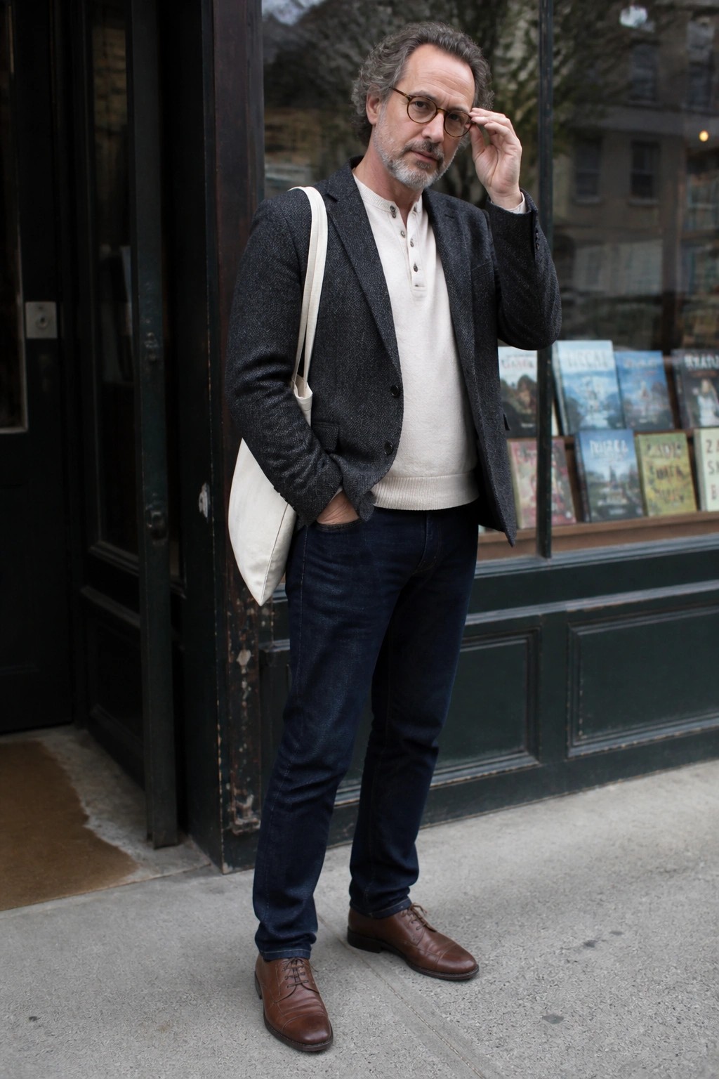 Man in gray blazer over cream henley with tote bag adjusts glasses on sidewalk