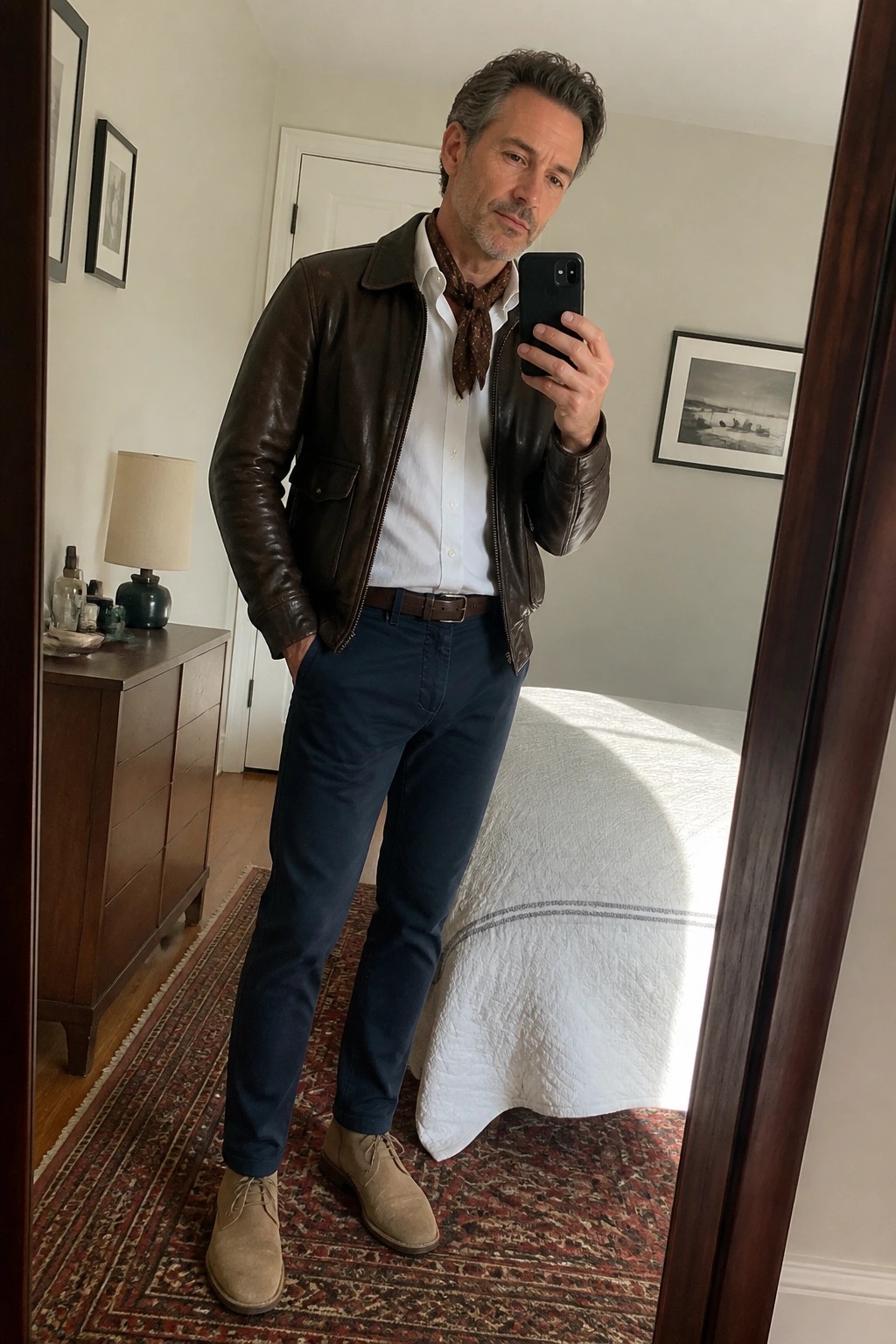 Man in brown leather jacket, white shirt, scarf taking bedroom mirror selfie