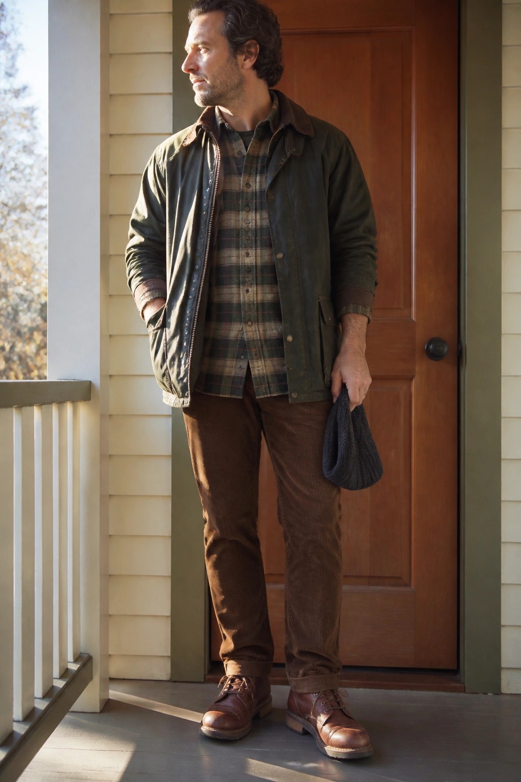 A man wearing a green waxed jacket over a plaid shirt, brown corduroy pants, and brown leather boots, holding a dark beanie.