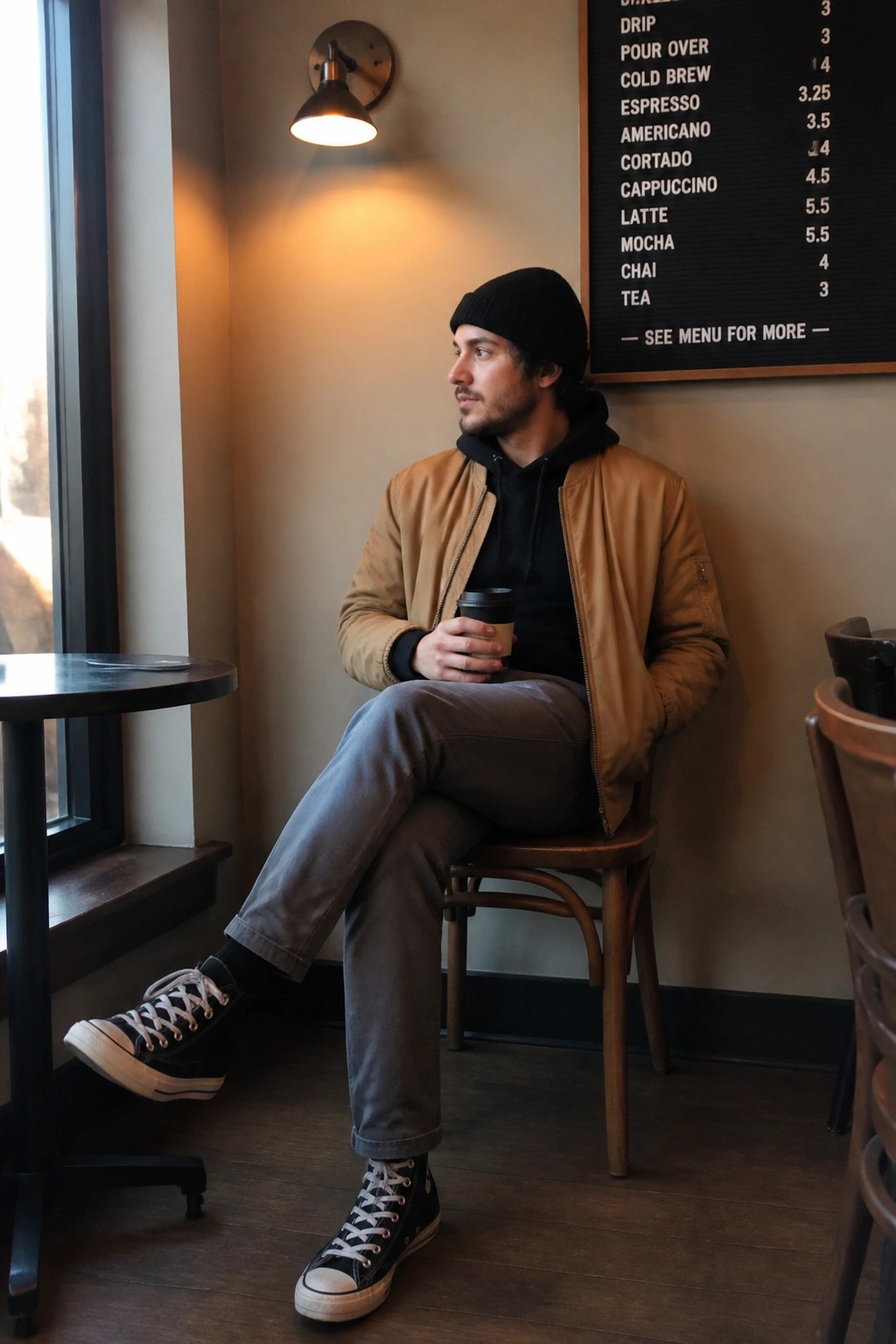 Man in tan bomber jacket and black beanie sits in cafe holding coffee cup