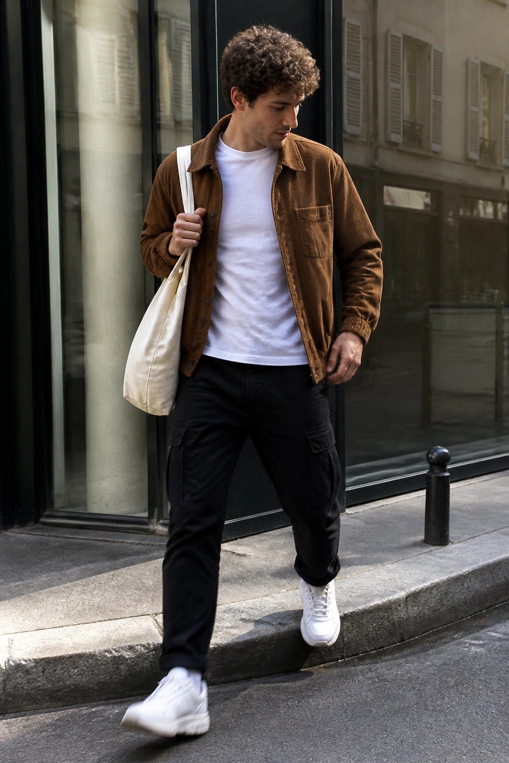 Curly-haired man in brown corduroy jacket, white tee, black cargo pants holding tote bag.