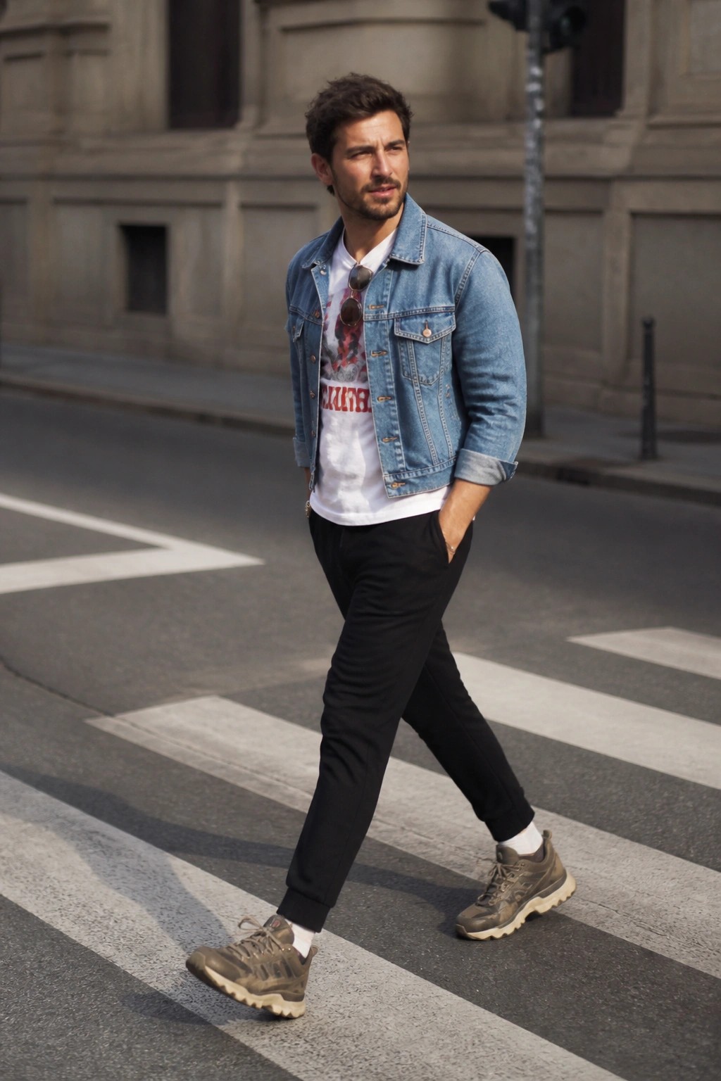 Man in denim jacket, white graphic tee, black pants crossing city crosswalk in sneakers.