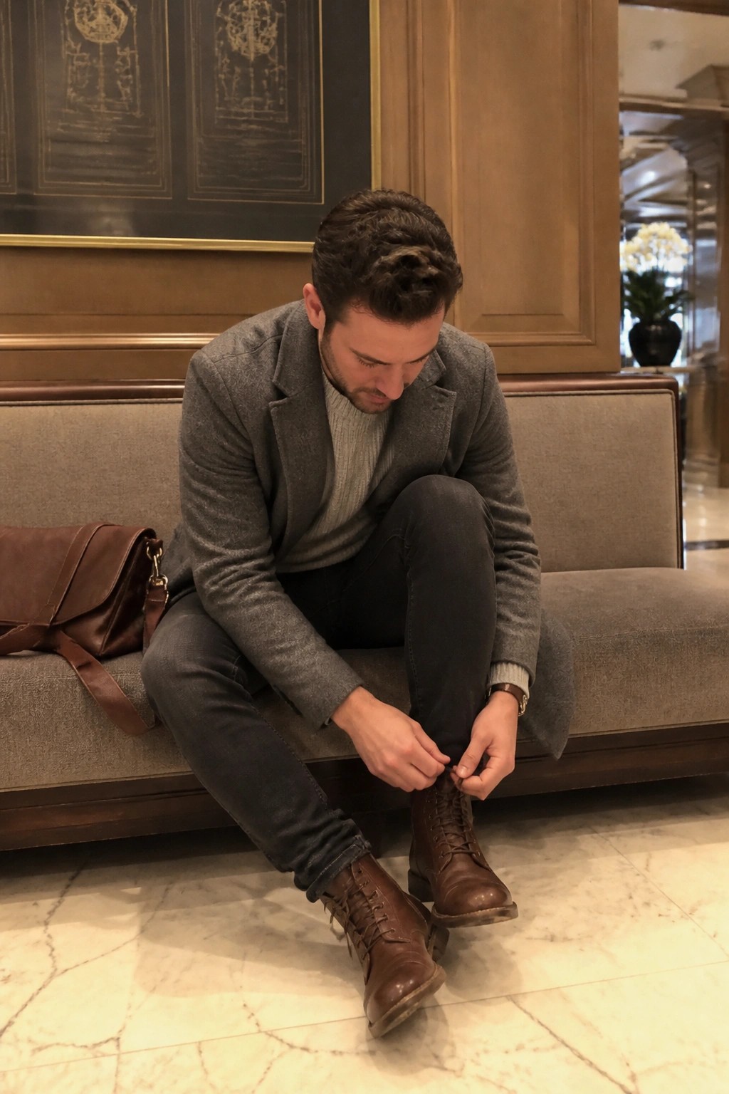 Man in gray blazer tying brown leather boots on couch beside leather bag.