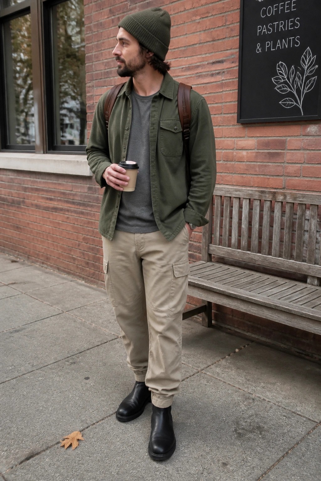 Man in green beanie, olive shirt, and beige cargo pants holding coffee by bench.