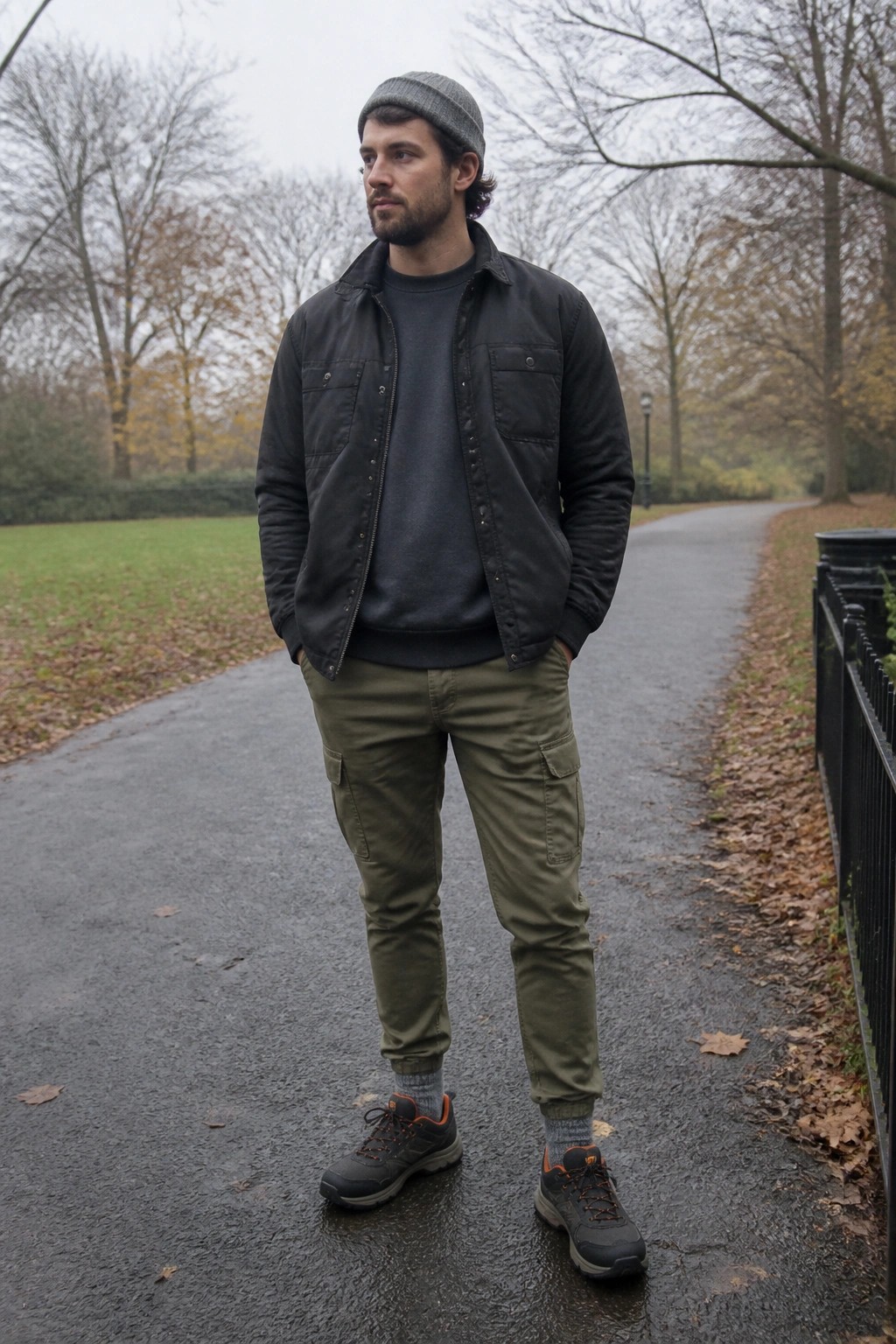 Man in gray beanie, dark jacket, and olive cargo pants on wet park path