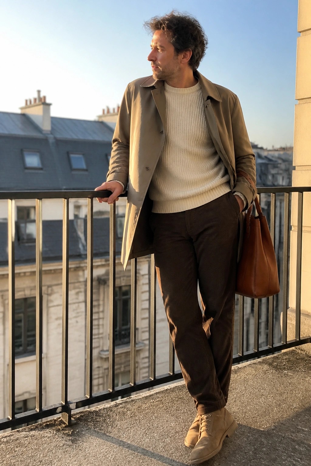 Man in beige trench coat and cream sweater on city balcony holding leather tote bag