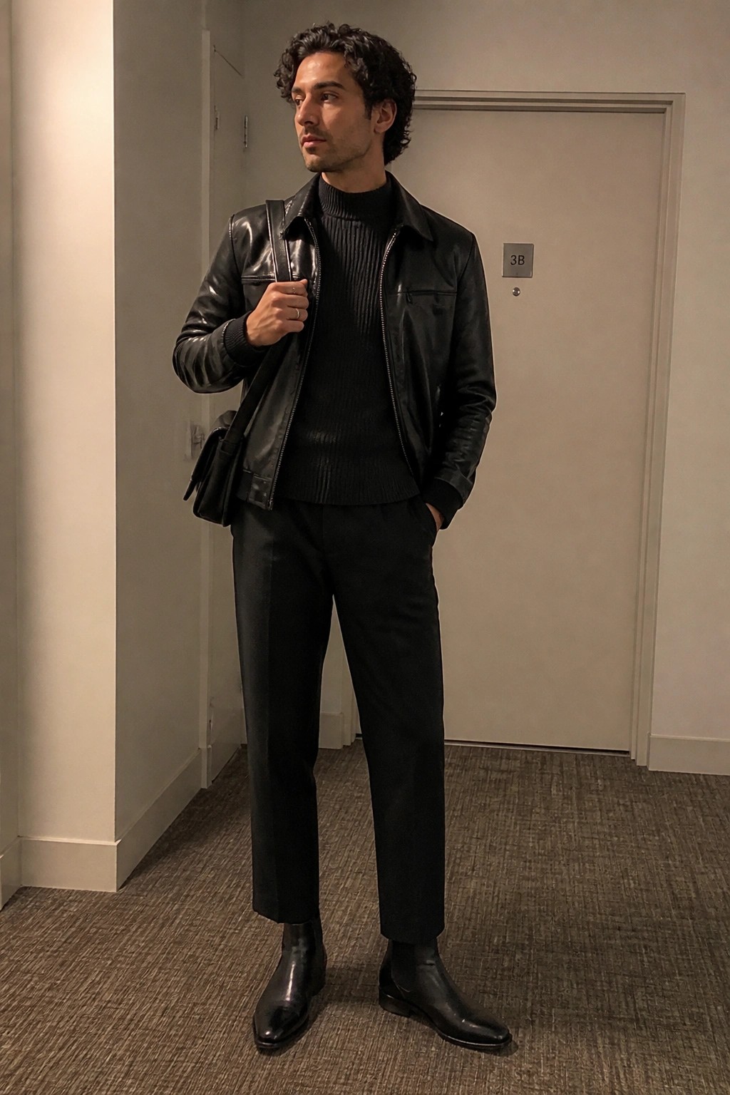 Man in black leather jacket over turtleneck with trousers and boots in hallway