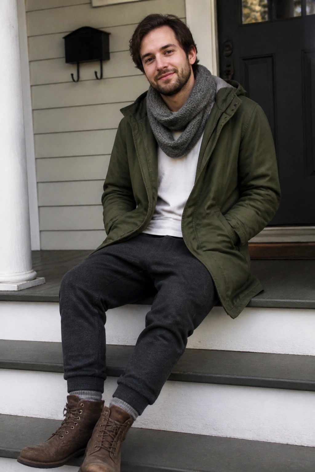 Man in green jacket and gray scarf sitting on house steps