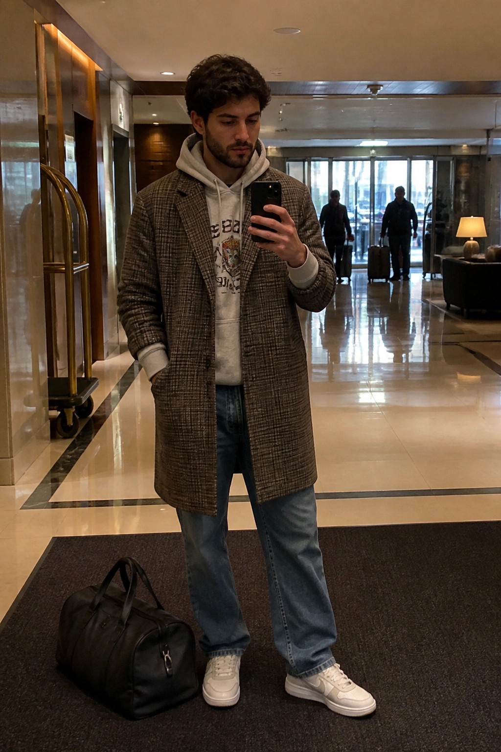 A man in a long brown plaid coat over a grey graphic hoodie paired with blue jeans and white sneakers standing in a lobby while holding a phone with a black duffel bag on the floor nearby.