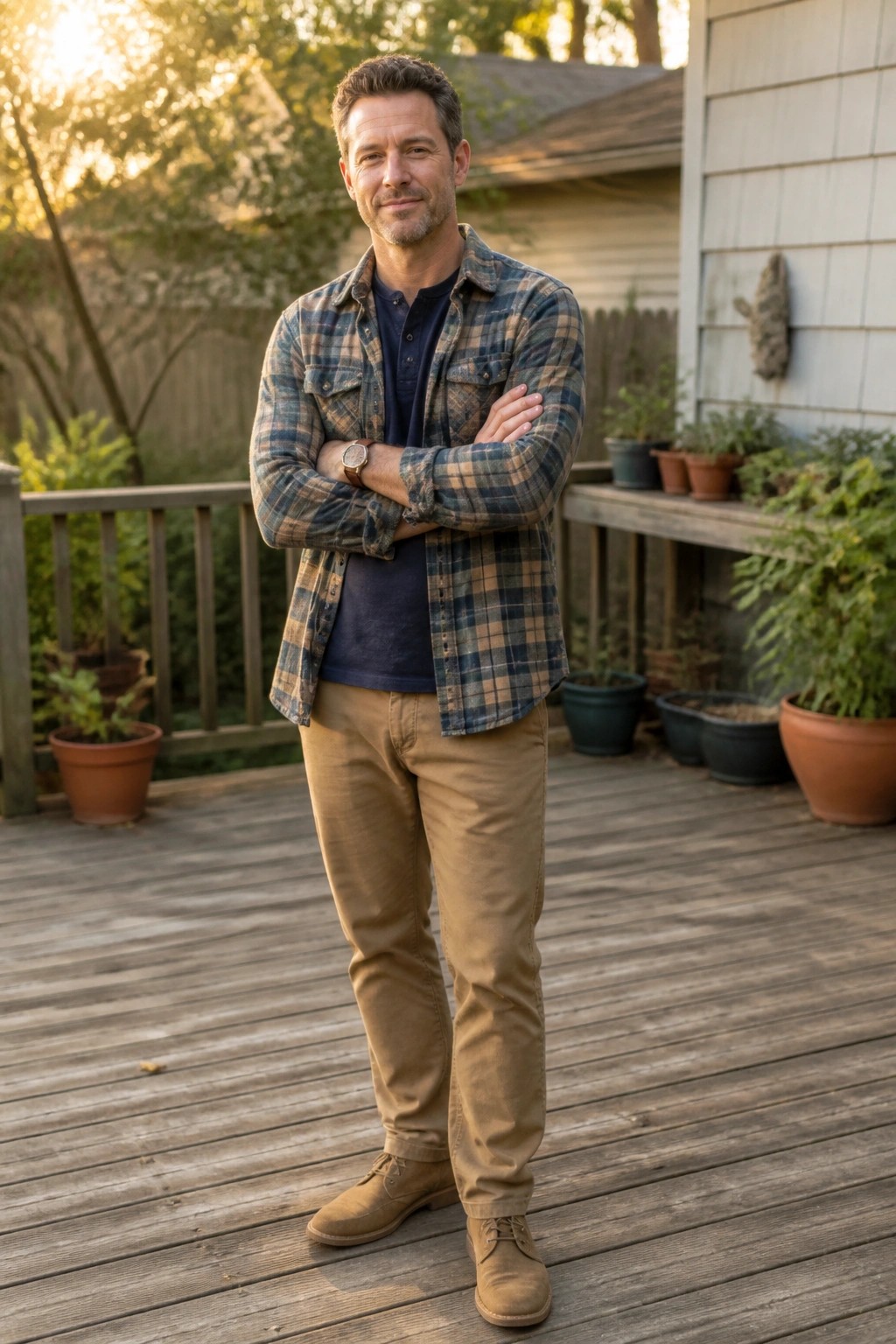 Man in plaid shirt and khaki pants stands arms crossed on sunny wooden deck with plants