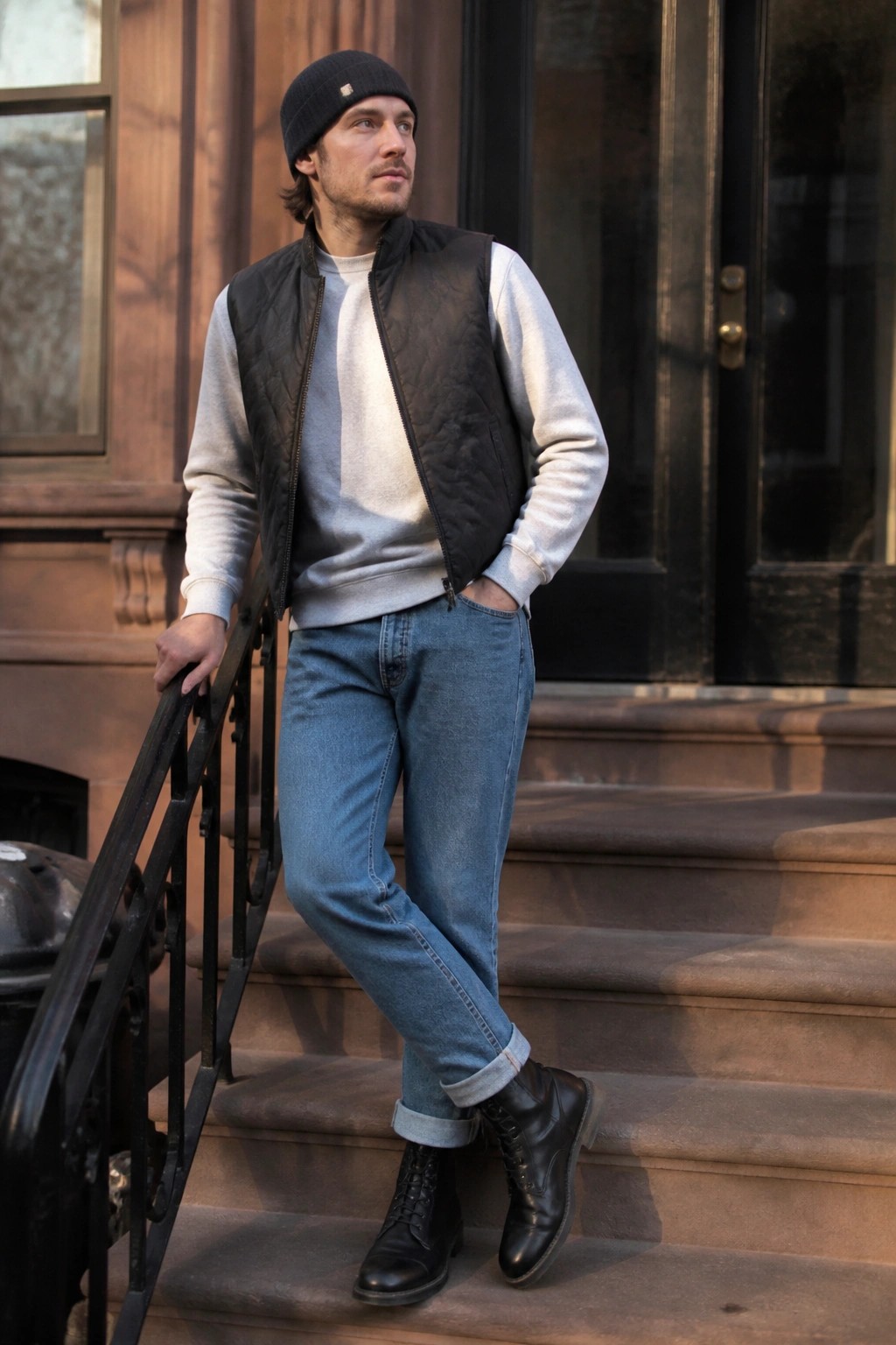 Man in black beanie, gray sweatshirt, black quilted vest, blue cuffed jeans, and black lace-up boots standing on stone steps with one hand in pocket.