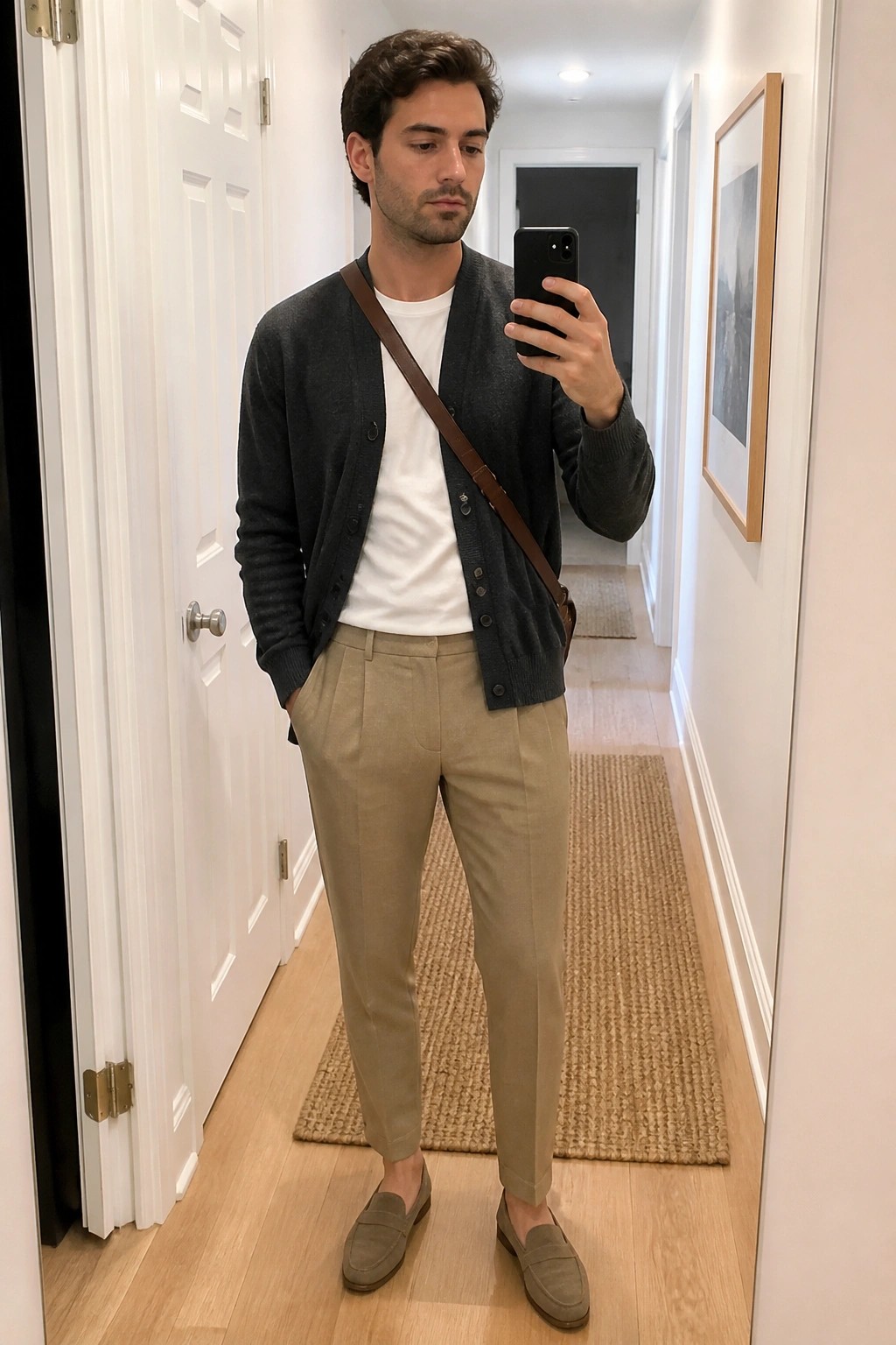 Man in gray cardigan and beige trousers taking mirror selfie in hallway