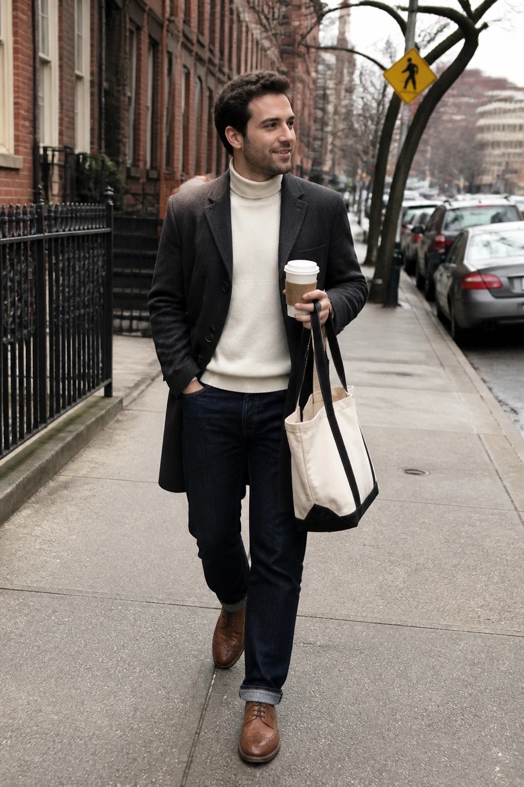 Man in gray overcoat and white turtleneck carrying coffee and canvas tote on sidewalk