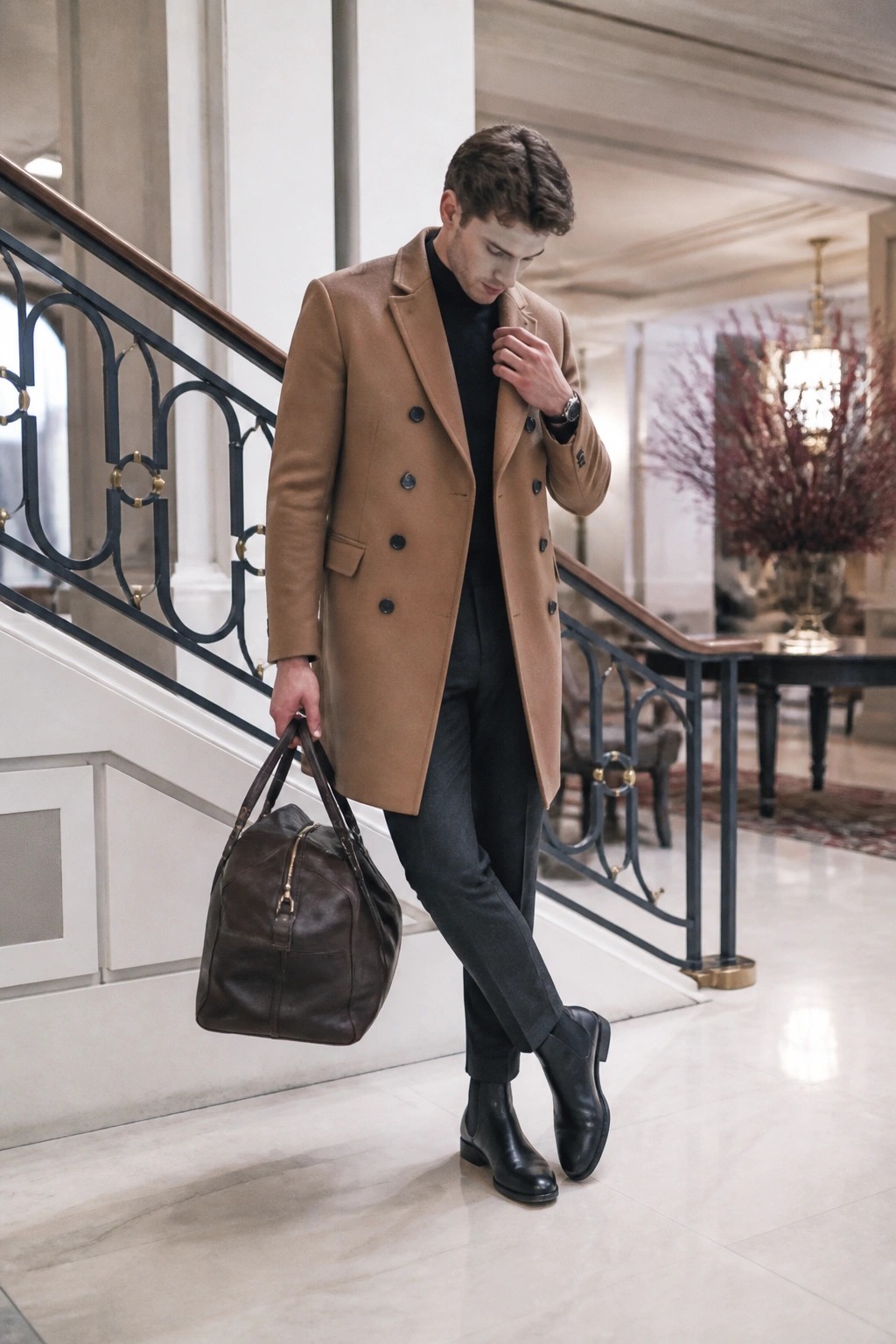 Man in camel overcoat carrying brown leather bag on marble staircase.