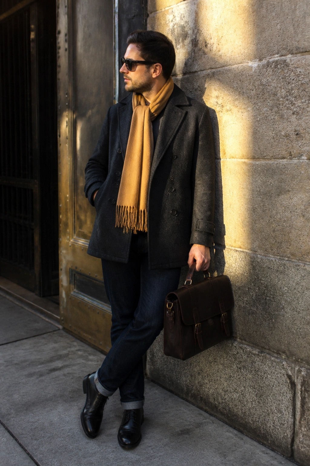Man in dark coat and mustard scarf holds brown leather briefcase by stone wall