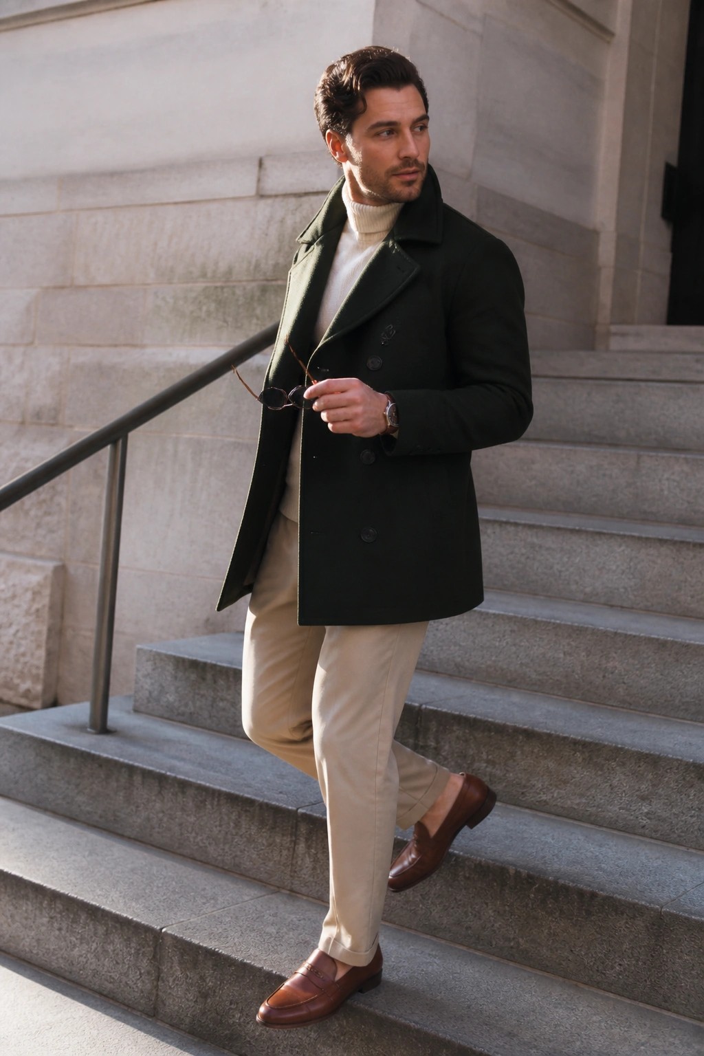 Man in green peacoat and beige pants on stone steps, holding sunglasses.
