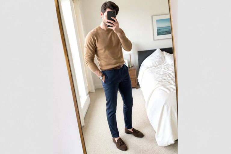 Man in tan sweater and navy pants taking mirror selfie in bedroom