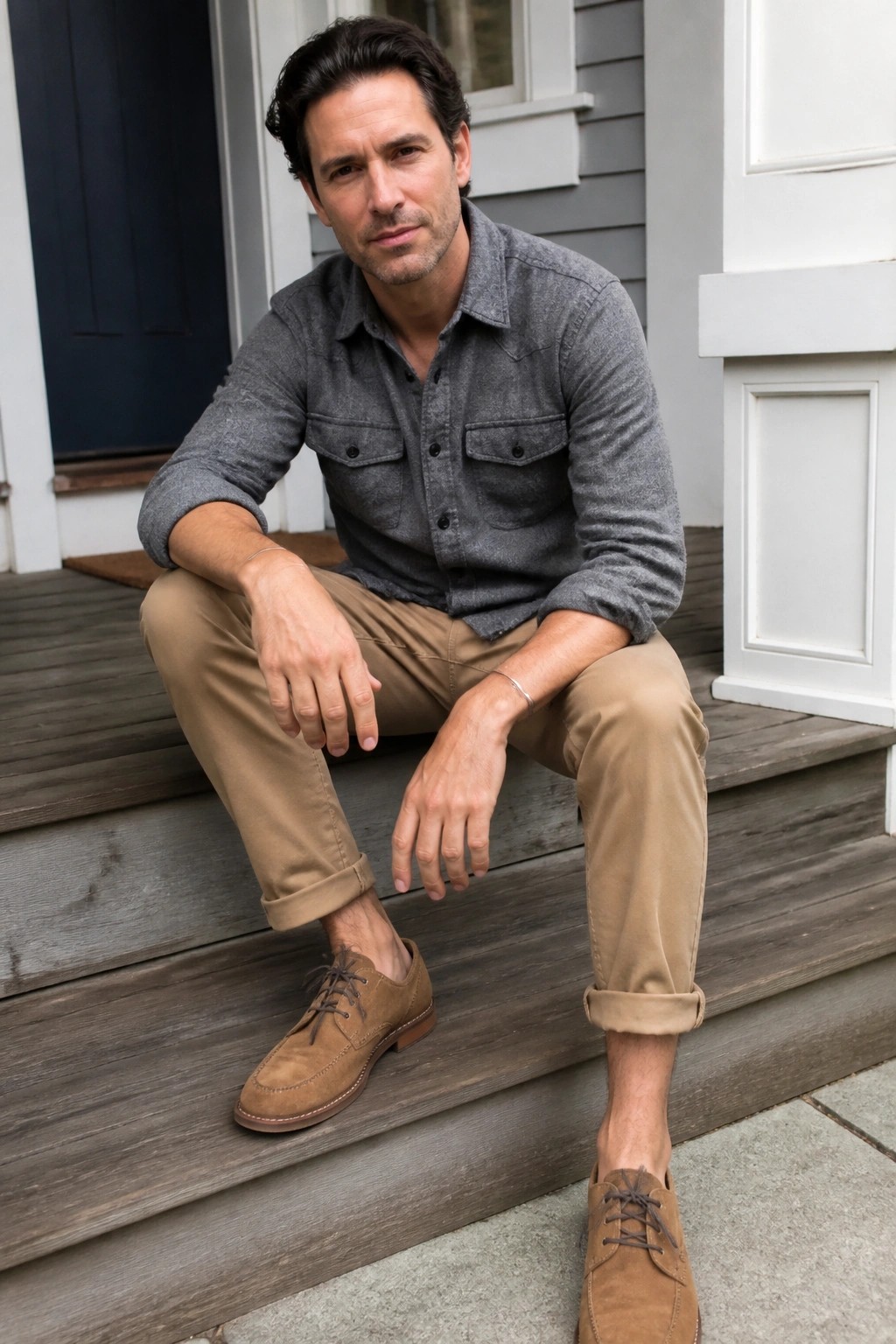 Man in gray shirt and khaki pants sitting on wooden porch steps