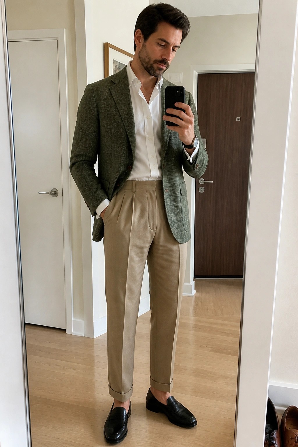 Man in green blazer and beige pleated trousers taking mirror selfie with phone