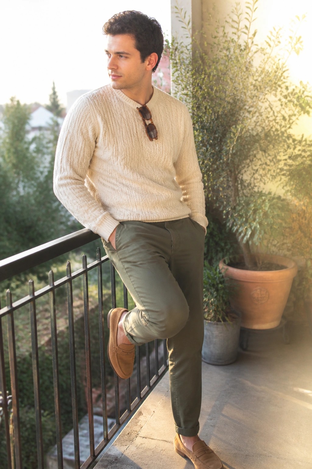 Man in cream cable knit sweater with hanging sunglasses, olive pants, and brown suede loafers leaning against railing.