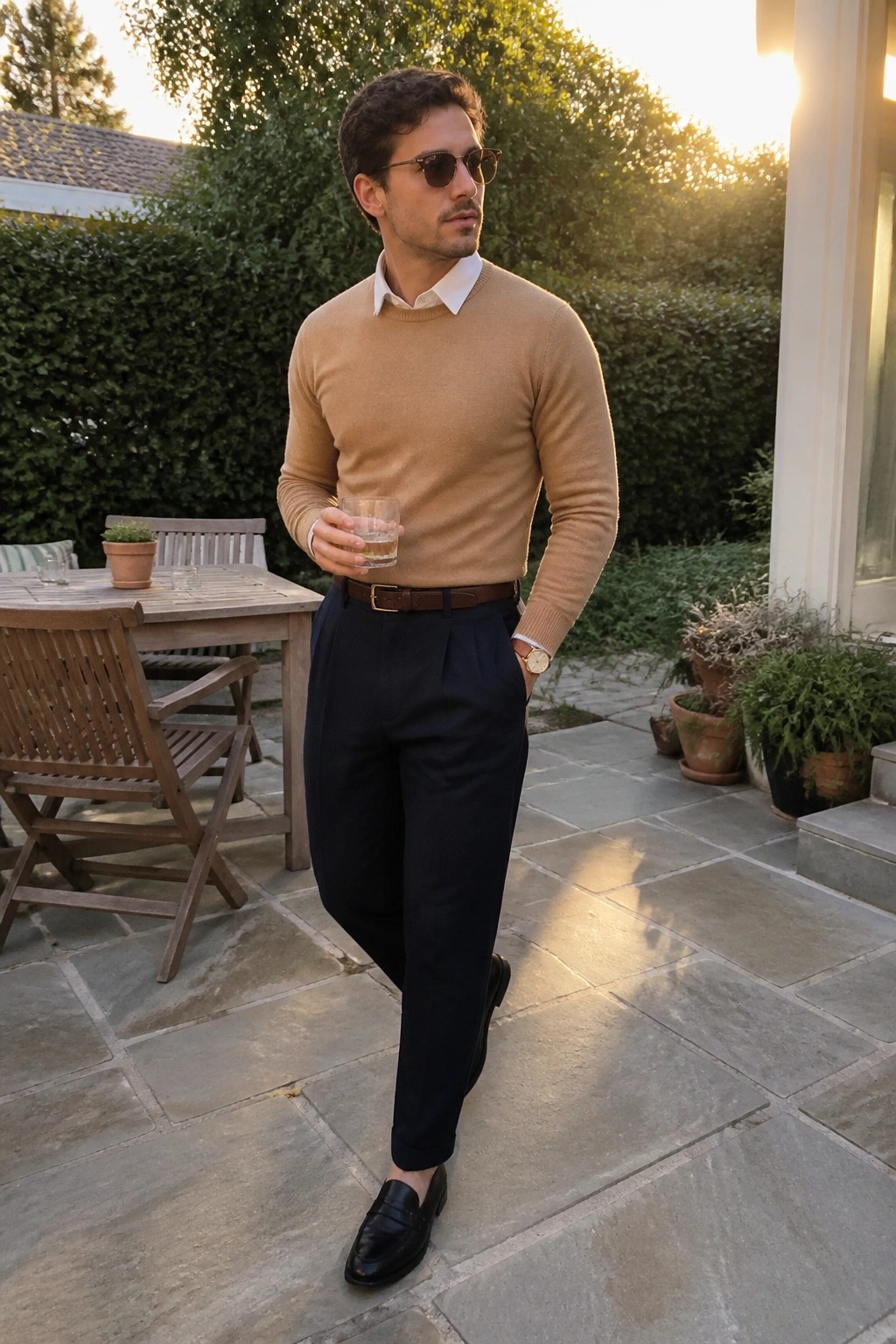 Man in tan sweater and navy trousers holding drink on sunlit stone patio