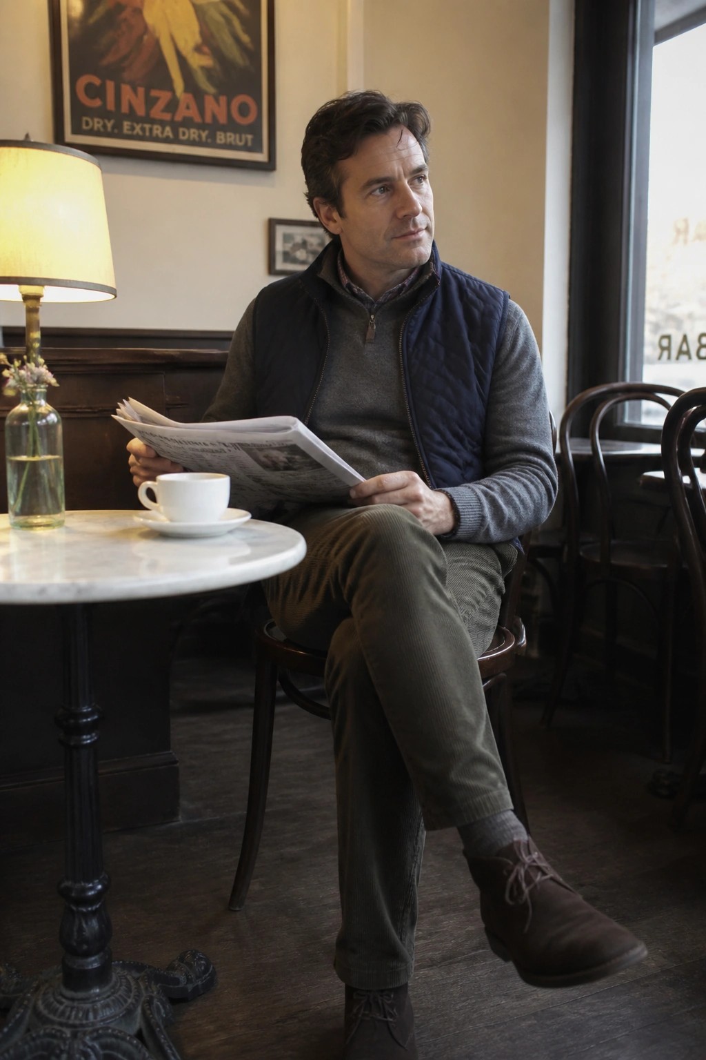 Man in blue vest over gray sweater reads newspaper at marble cafe table with coffee