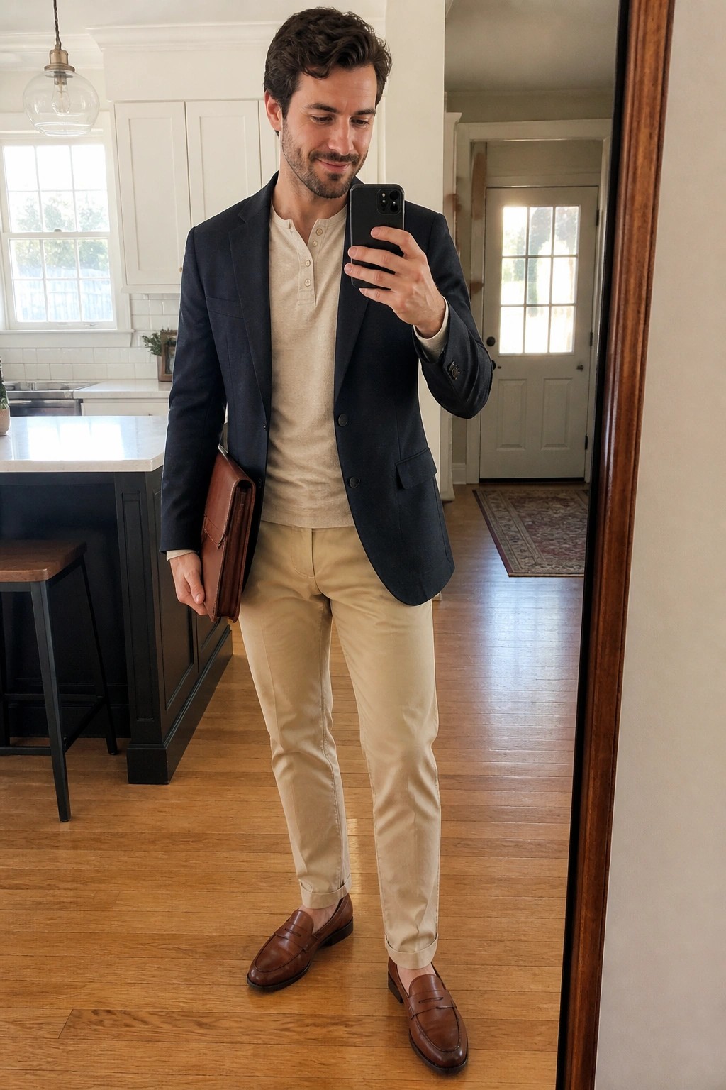 Man in navy blazer and khaki pants taking mirror selfie with leather bag