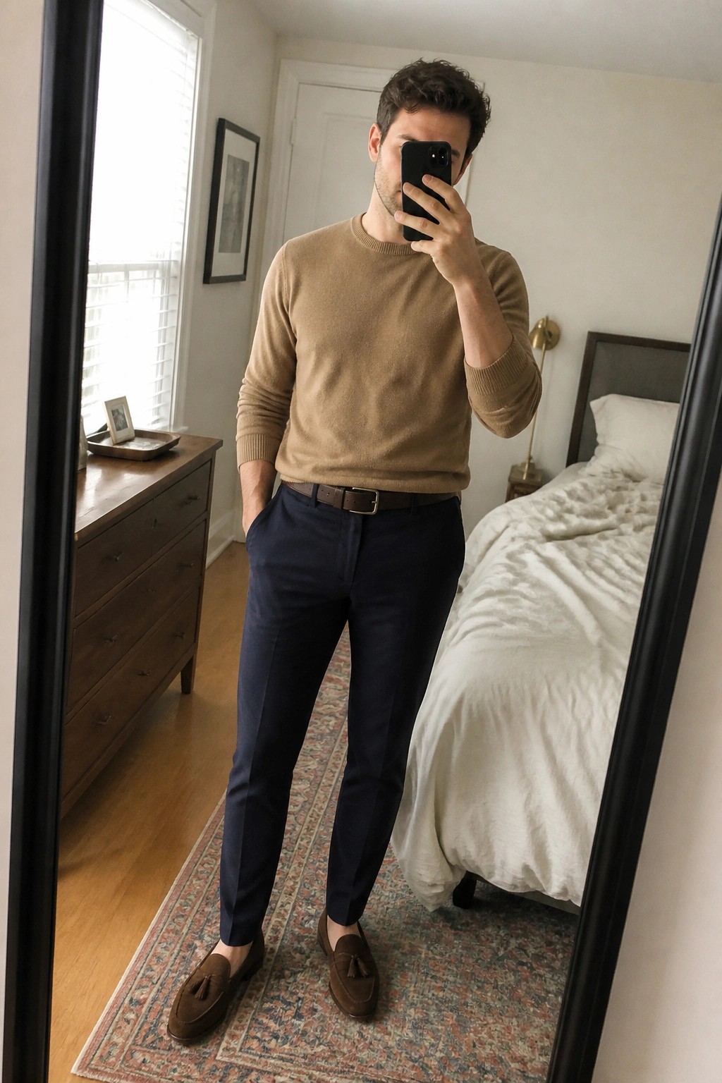 Man in tan sweater and navy pants taking mirror selfie in bedroom