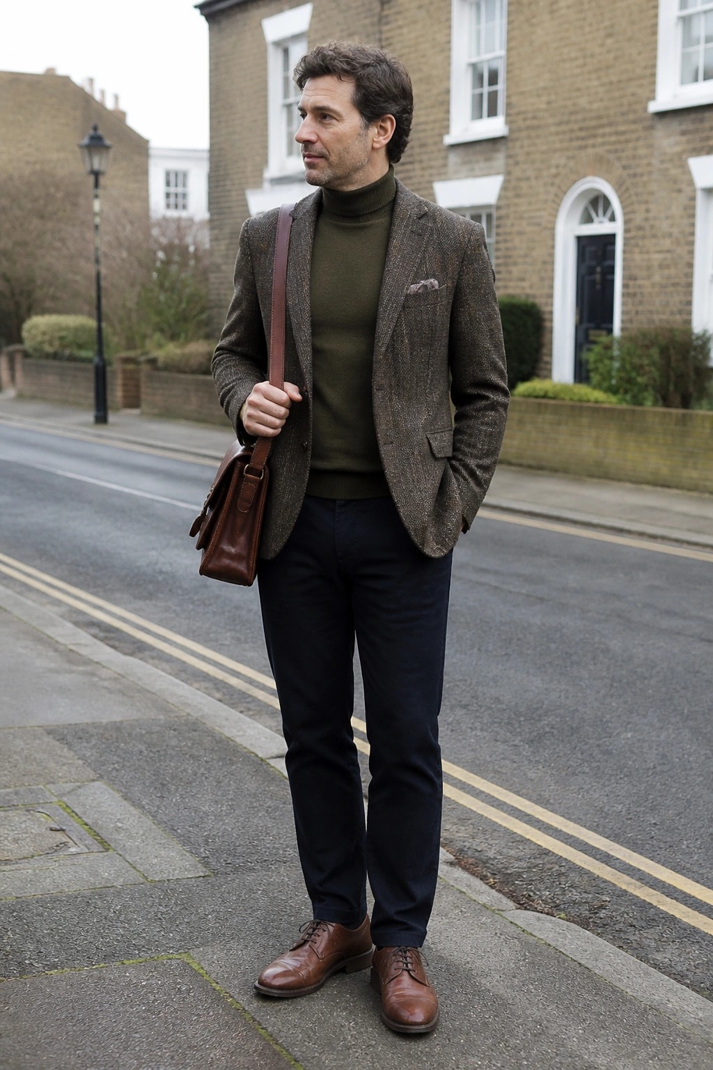 Man in brown tweed blazer over green turtleneck with leather bag on city street.