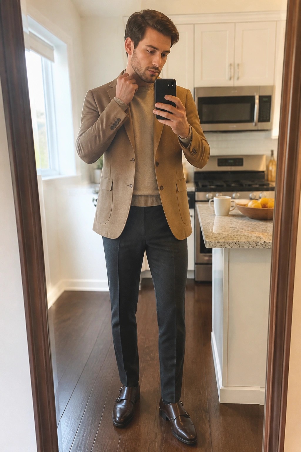 Man in tan blazer over beige sweater takes mirror selfie in kitchen