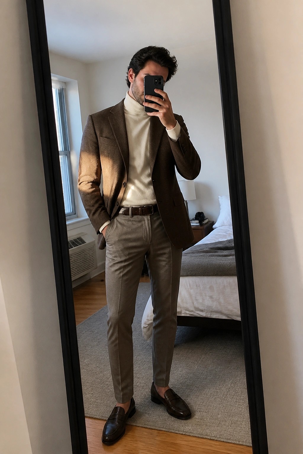 Man in brown blazer over cream turtleneck with gray trousers in bedroom mirror