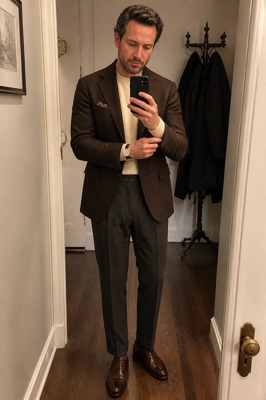 Man in brown blazer and cream sweater checks phone in wood-floored hallway