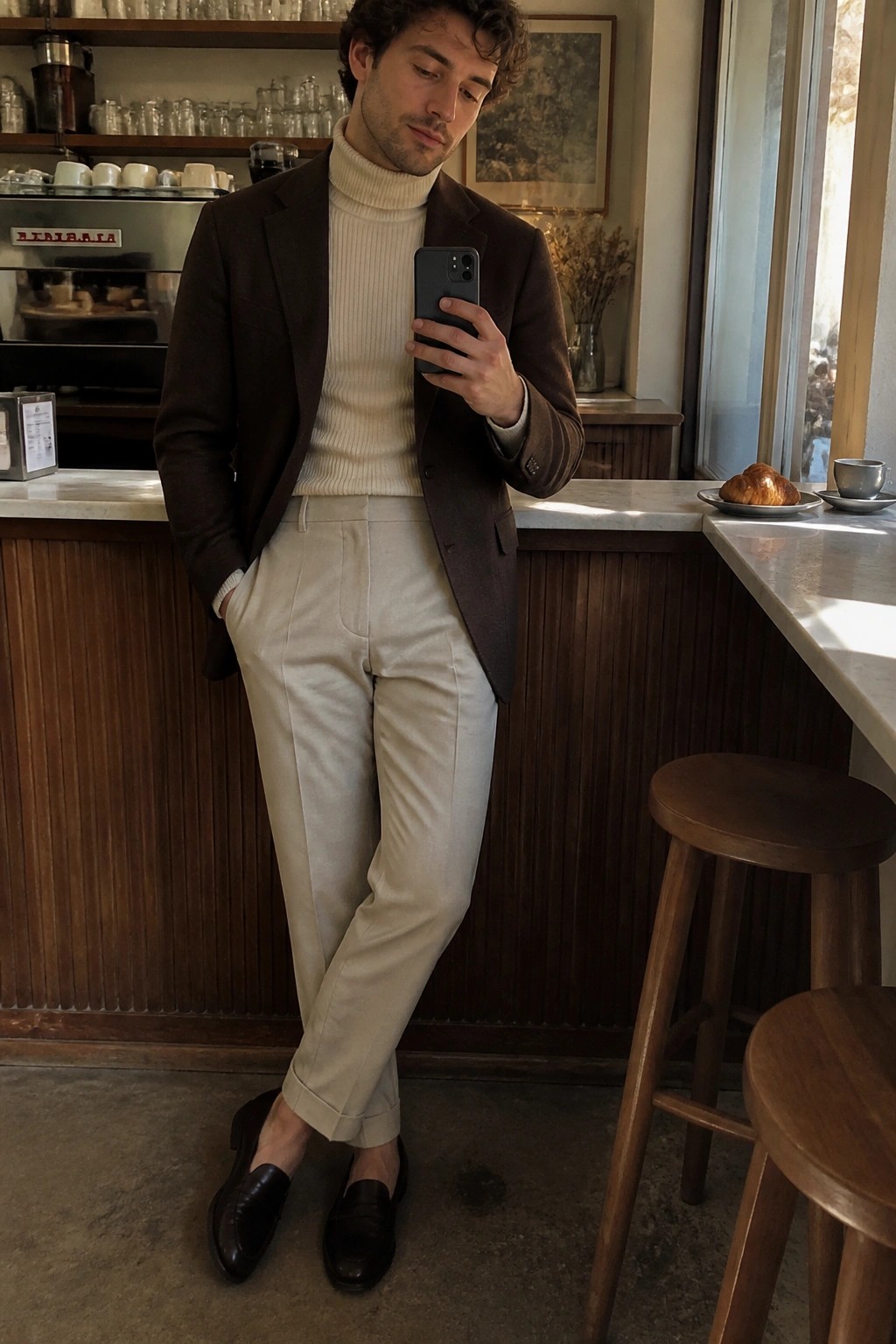 Man in brown blazer and cream turtleneck checks phone in sunlit cafe