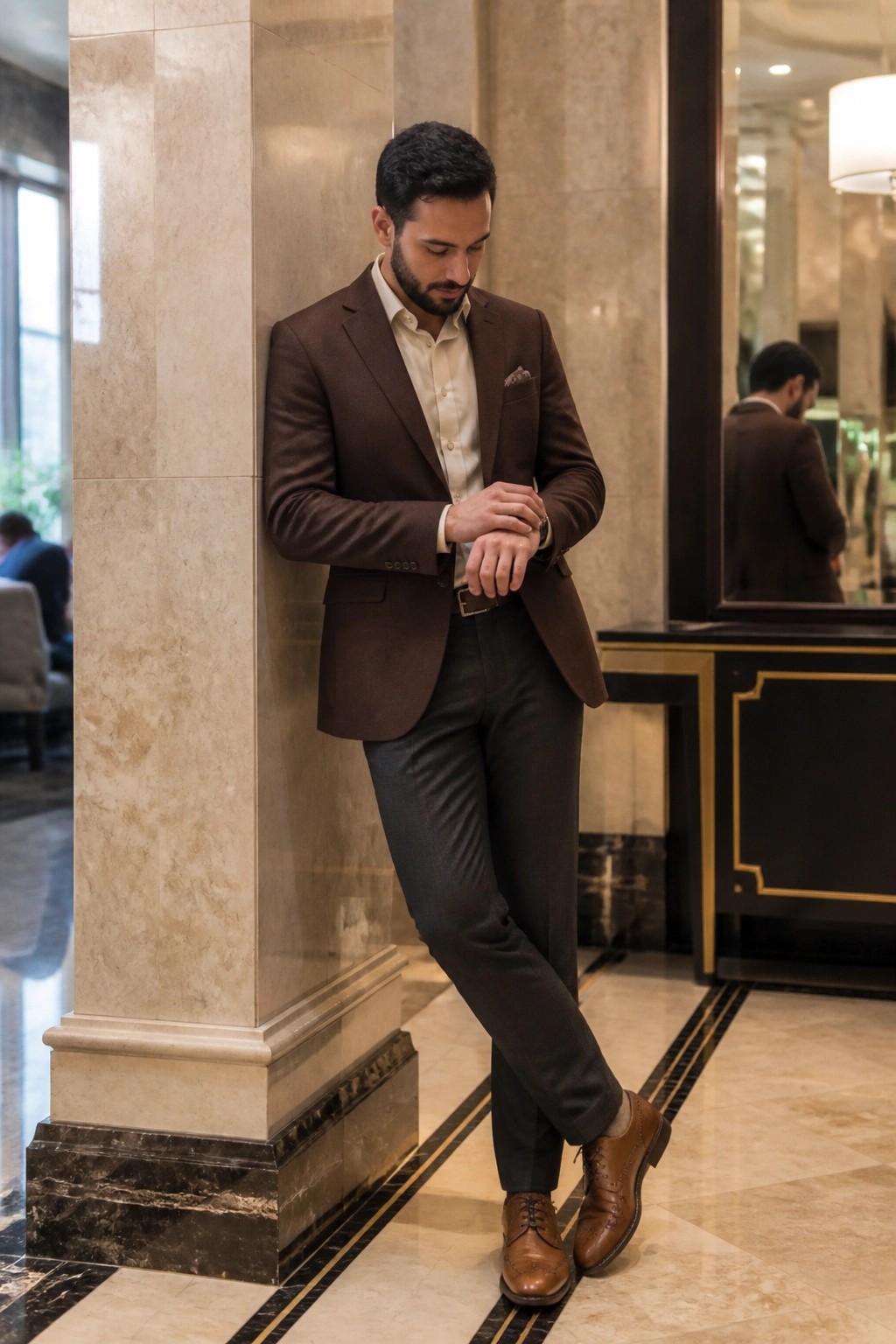 Man in brown suit leans on marble pillar checking his wristwatch in elegant lobby