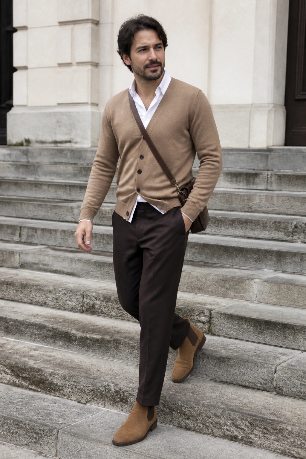 Man in tan cardigan, white shirt, brown pants and suede boots on stone steps