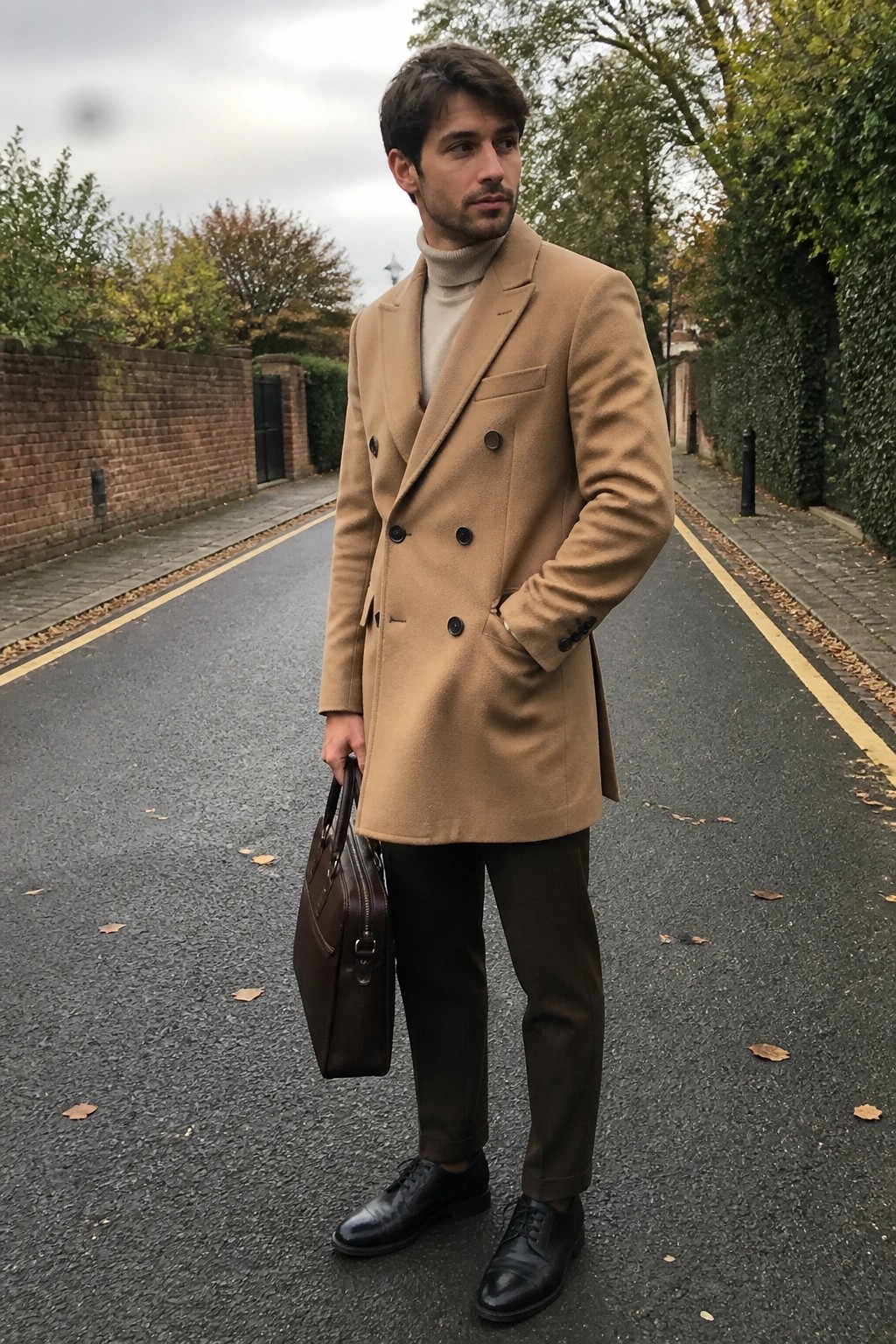 Man in tan double-breasted coat holding leather briefcase on autumn street